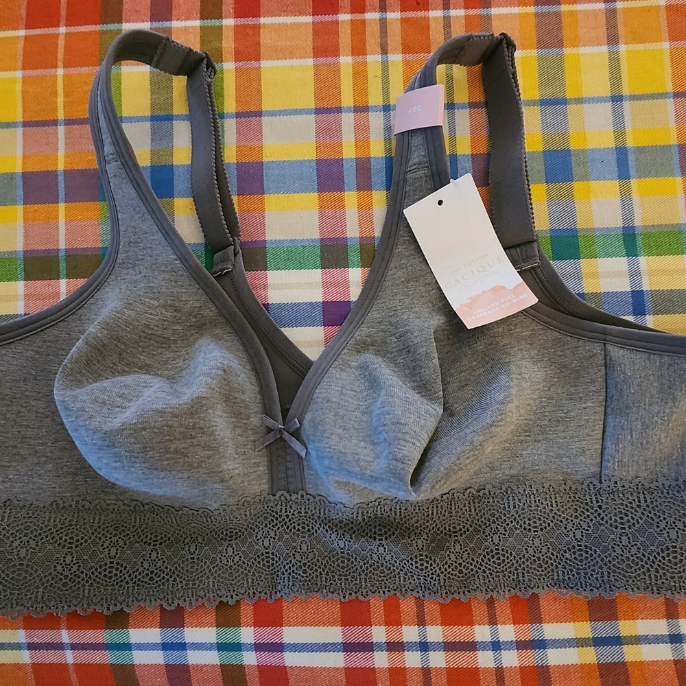 Cacique Cotton Unlined Full Coverage No Wire Gray Lace-Trim Bra